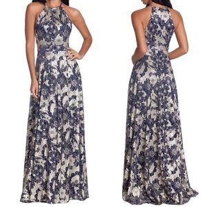 Betsy & Adam Long Halter Wrap Foil Blue Print Maxi Dress SIZE 8